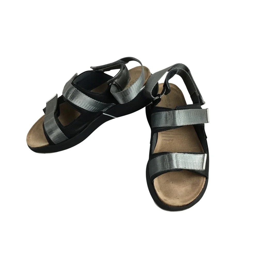 Naot Apollo Women 41 L10 Black Silver Metallic Leather Strappy Sport‎ Sandals